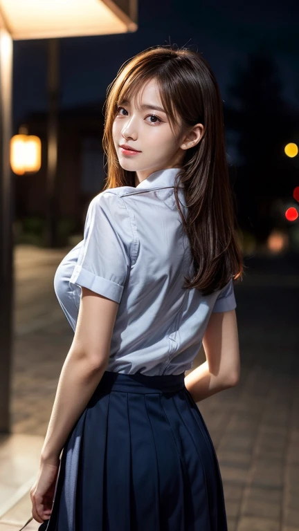 <lora:Striped_C1_Dress_By_Stable_Yogi:0.8>, best quality, masterpiece, illustration, realistic, photo-realistic, amazing, finely detail, incredibly absurdres, huge filesize, ultra-detailed, highres, extremely detailed CG unity 8k wallpaper, nsfw, A young Korean pop singer with a stylish and trendy look. She has long, dark hair styled in a high ponytail with a side part. She is wearing a striped button-down shirt with a striped necktie, a pleated skirt, and thigh-high stockings. She is standing in front of a neon-lit cityscape backdrop, and she is looking at the camera with a confident expression. Her makeup is done in a natural but glamorous style, and her cleavage is clearly visible. The camera is positioned at a slightly closer angle, capturing her beauty in detail.