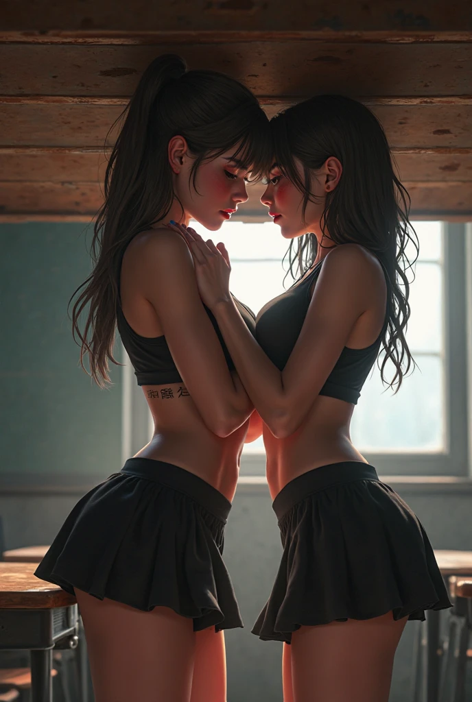 (best quality,4k,8k,highres,masterpiece:1.2),ultra-detailed, two female students kneeling on a bed , bending forward, sensual lips open ready to kiss each other, blush, perfect body, firm bosoms, a brunette student and a blonde student, both wearing shorts and cami-tops, free midriff, HDR, 8k, absurdres, cinestill 800, glutes focus, back view