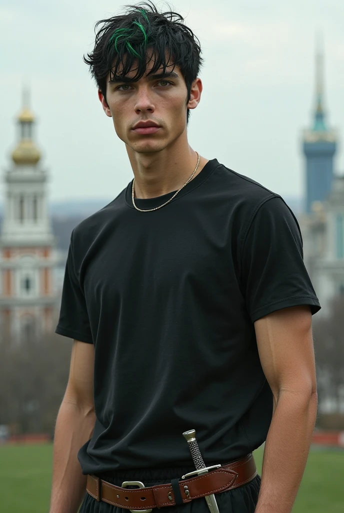 A man with a handsome face, thin build, Brown eyes, short haircut, homosexual appearance, Slavic face, in a black t-shirt and gray shorts, on the street in a Moscow park with detailed elaboration of everything and in good quality