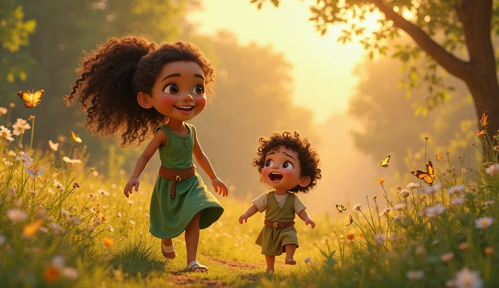 Create a black woman with very curly red hair dressed as a princess with a brown indigenous boy with straight hair wearing a blue sweatshirt and with feet with large veins jumping out scaring her from the ground.