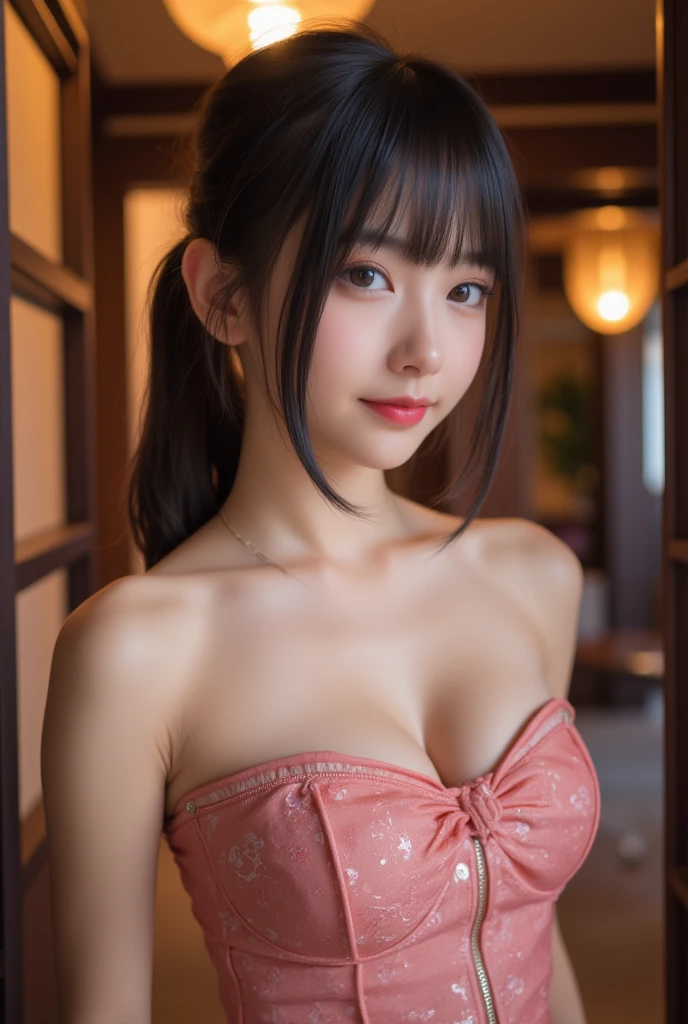 1 girl, Drinking at a bar at night, She is wearing a black dress,She is wearing a long black dress and is very sexy, headband Lace with black ribbon, she is AYA MIYABI, 22 years old, Bishojo, looking at viewer, she is famous Japanese idol, kawaii, (mascara), eyeliner, almond eye, natural eyebrows, thin lips, Natural color lip, extremely detailed skin, fair skin, smile, cute, realistic face, slender face, beautiful skin, flat chest, clavicle, slender body, black straight hair, medium long hair, Forehead, delicate thighs, skinny legs, lean legs, Best quality, (8k, RAW photo, best quality, childish face, masterpiece:1.2), ultra-detailed, (realistic, photo realistic:1.37), high detail RAW color photo, an extremely delicate and beautiful, extremely detailed(Selfie:1.1), finely detail,