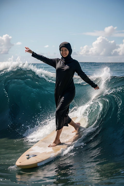 Photo-realistic quality, A surfer (Woman wearing hijab) wearing a surfboard. When the waves form, Immediately stand on the surfboard and maintain balance.. using a surfboard on the clear waves at sunset, the sky is painted with shades of pink, orange, and purple. The water shimmers as golden light reflects off the surface of the waves.. Surfer, wearing a graceful black diving suit, in perfect condition, balancing her body gracefully on a long surfboard, capturing moments of joy.