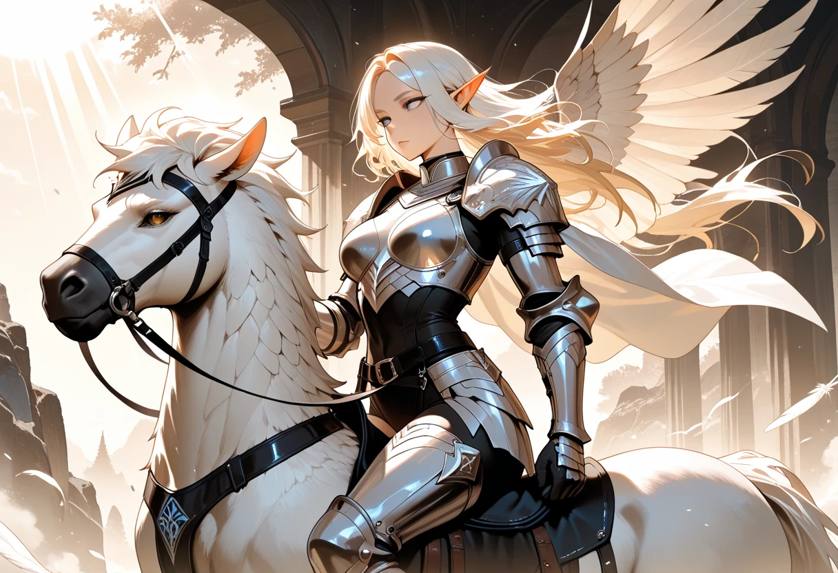 4K,High resolution,One Woman,centaur,Blonde,long hair,Blue Eyes,Brown fur,Valkyrie,White sacred armor,Full Armor,White gloves,Winged headgear,Jewelry decoration,Holy Sword,Temple in the Sky