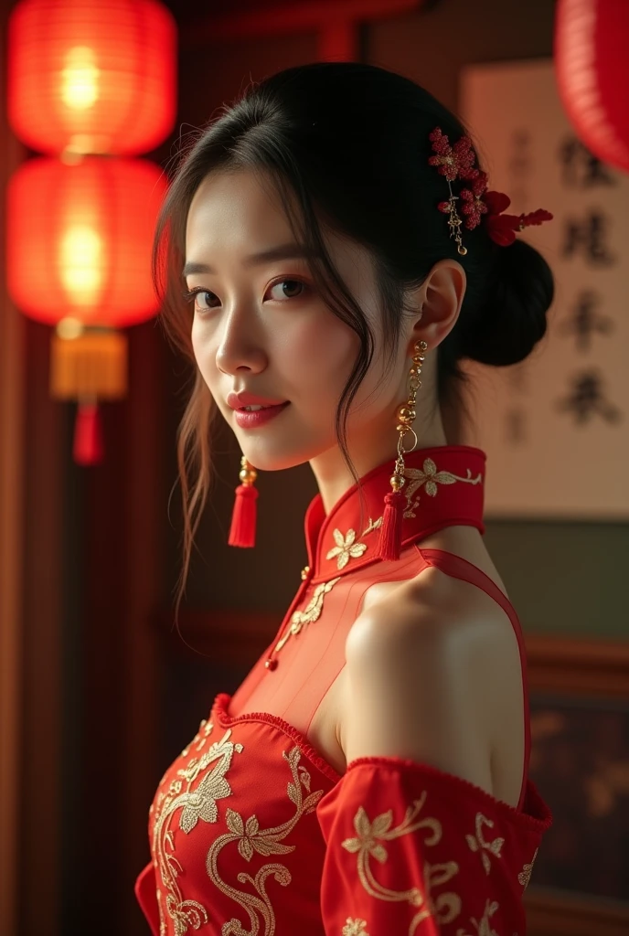 1 girl, hair accessories, alone, flower, hair flower, candle, earrings, jewelry, black hair, black eyes, Fuzzy, Lips, Red Lips, looking at the audience, tassel, Depth of Field, cosmetics, actual,(Red_clothing:1.3),chinese clothing, 碎flower, Upper Body, Large Breasts, Off-shoulder