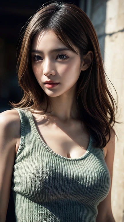 highest quality, super detailed, finely, High resolution, 8k wallpaper, perfect dynamic composition、highest quality,super detailed,young and thin、realな容姿、 detailed eyes and lips、10th generation、whole body、plump breasts、open your mouth a little、real、open legs、brown hair、1 person、、clear、Hair flutters in the wind、short hair、Tank top with a clearly visible chest shape、natural soft light、short skirt、