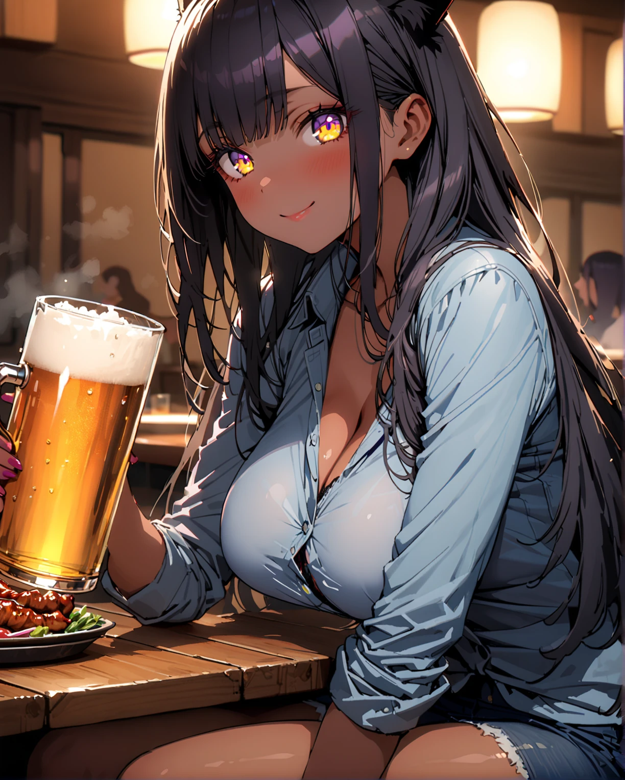 (best quality, 4K, high resolution, masterpiece:1.2, Extremely detailed），Large Breasts,1 girl,独奏,black hair,long hair,blue eyes,A cautious expression,(drunk,blush),sitting,drinking,((Mature sexy body))，Black stockings，Black tight skirt, Mature sexy body,holding mug,counter,pub,
