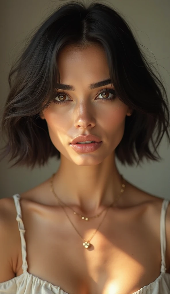 Portraits couleur d'une femme de trente cinq ans au cheveux noir type européen à la peau très clair avec des tâches de rousseur coupé très court de façon asymétrique coupe a la garçonne posant de face regardant droit devant elle dans un environnement urbain avec un éclairage neutre, with well-shaped and slightly plump lips and a typical but charming physique, She's wearing a black top with thin straps