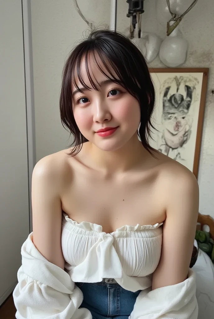 Highest quality、woman、Natural Skin、Fingerless、No hair、Left shoulder forward、Upper body naked、flat chest,small nipples,erection of nipple,topless、Nipples