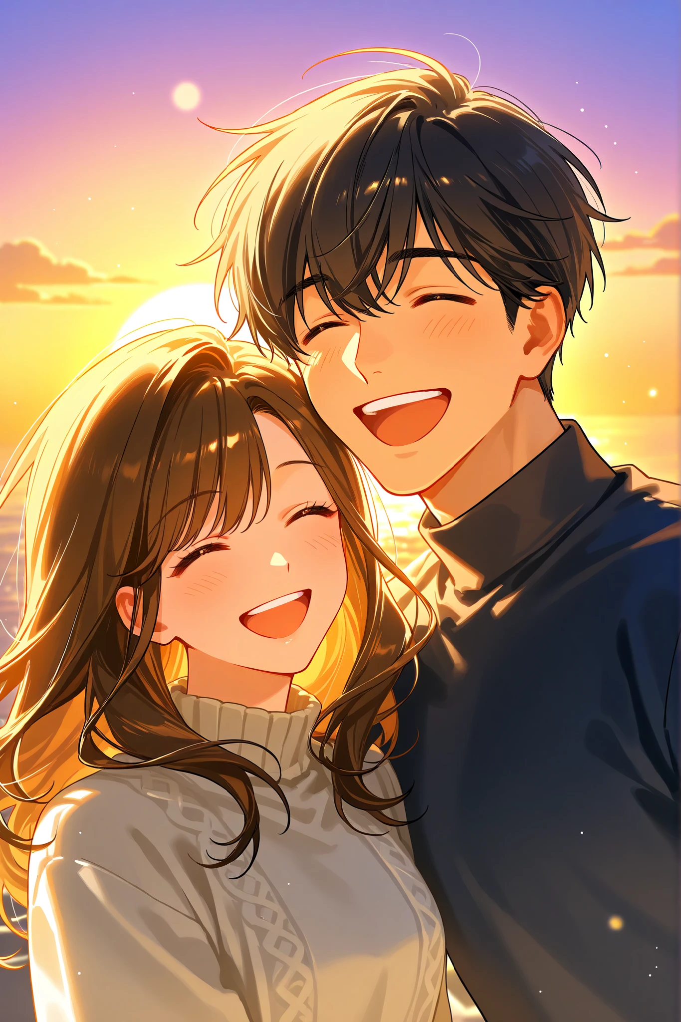 ((man and woman going to see the night view)), happy, smiling