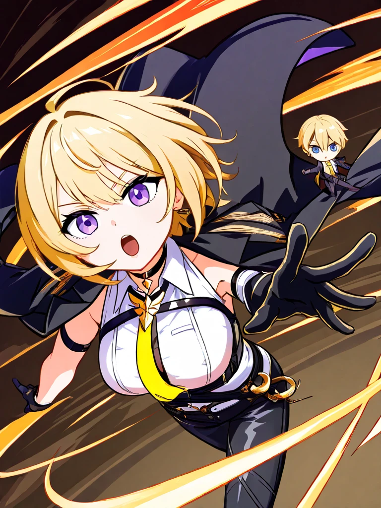 8k, Anime digital page, full body close up image, Exquisite, manga white magic girl, short blond and red symmetric hair, magic attack, Resentment emotions, process art movement, Dark Fantasy frost punk style, consciousness-expanding trippy, Mont Perdu background,