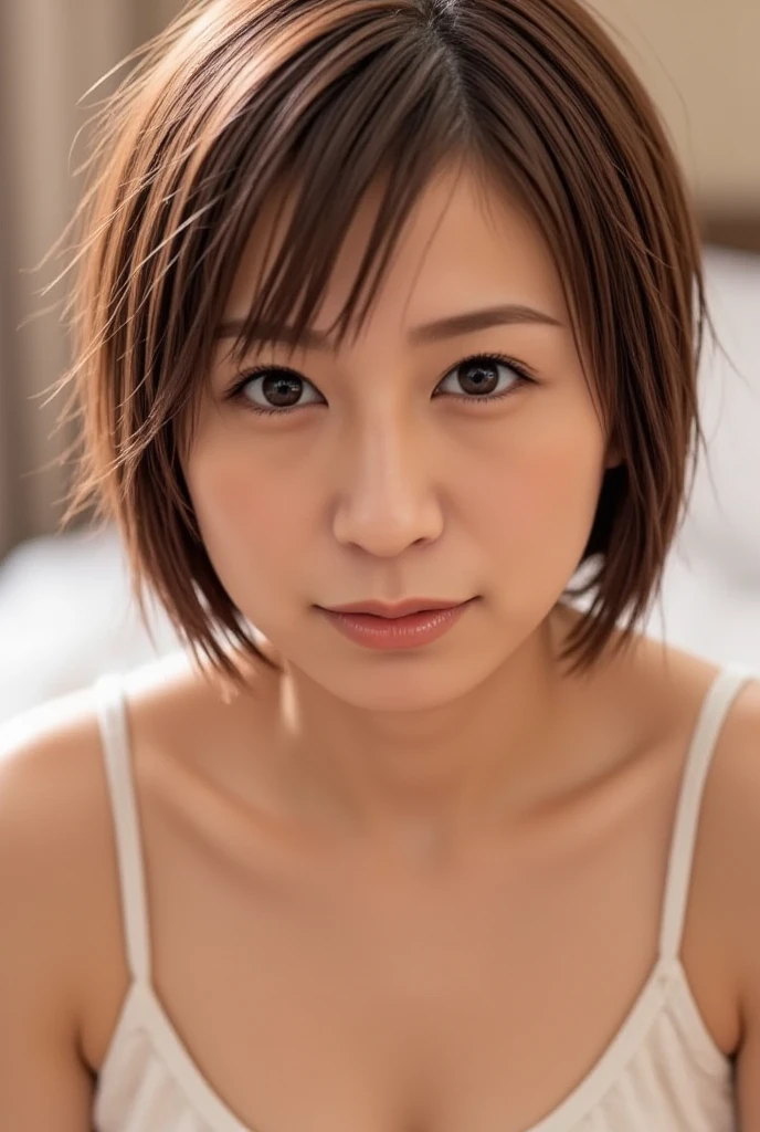 1 bewitching mature woman, straight face,clavicle, chubby face,, everyday wear , indoor,Economy Hotel,big breasts,wrinkles,Eriko Miura,shyness