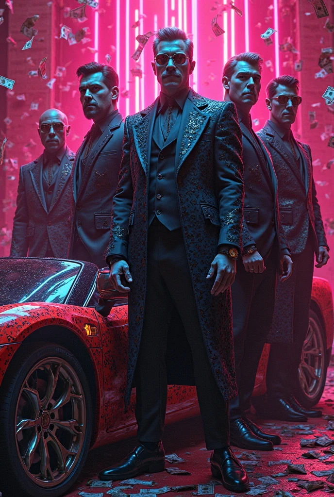 Create an image of number of KING with RGB neon colour with scarry font with background of money and super cars to showoff .