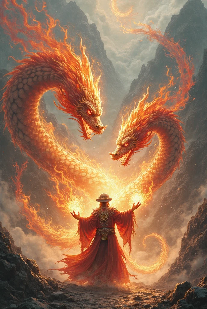 Fire mage controlling a ball of fire with fire breathing dragon