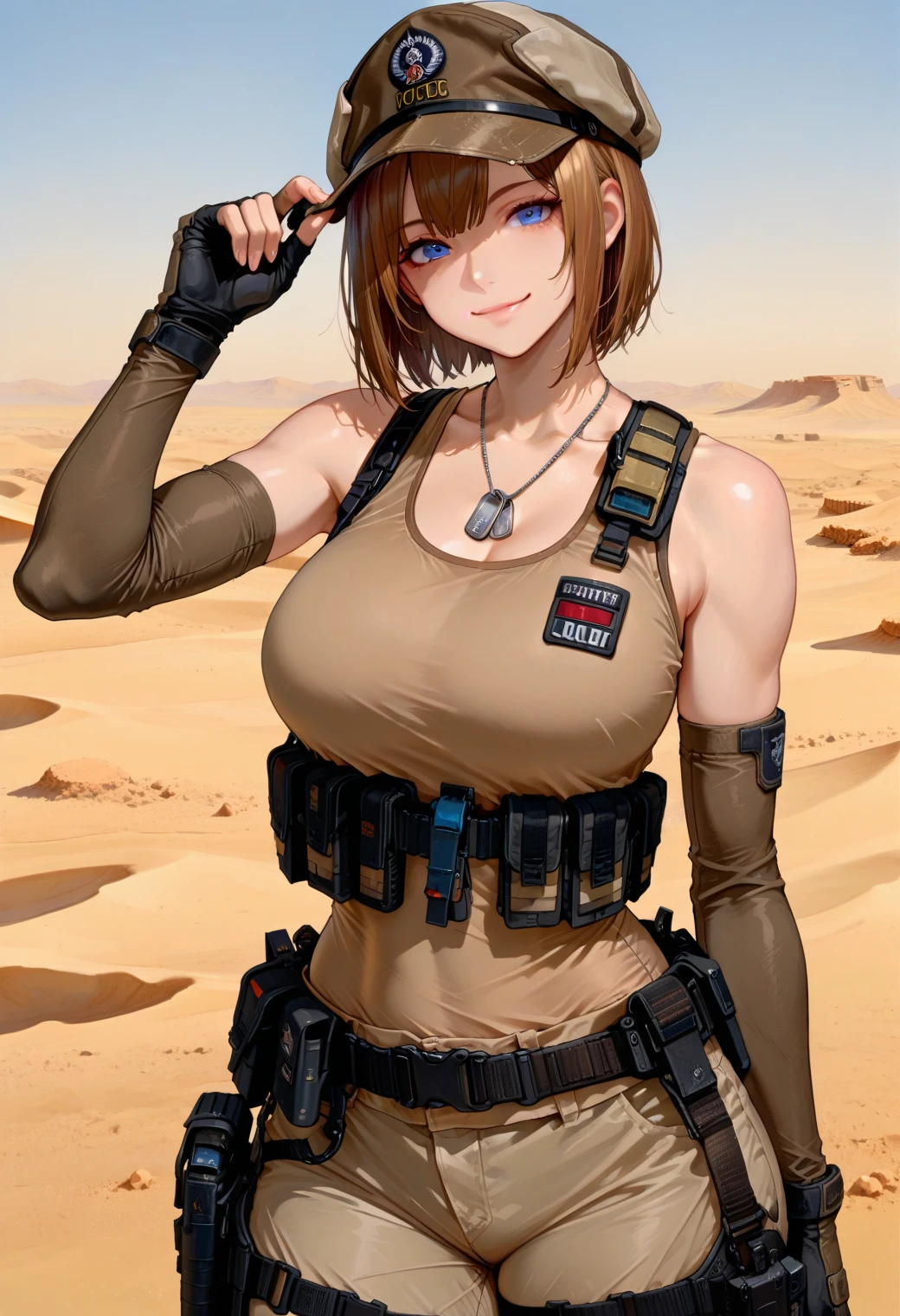 super fine illustration, ultra high resolution, masterpiece, highest quality, perfect dark skin, perfect lighting, detailed lighting, dramatic shadow, ray tracing, 1 beautiful white milf, looking at the viewer, small breasts, exposed cleavage, beautiful detailed hazel eyes, sharp face, clear eyes, long bang, ((medium curly blond hair:1.2)), ((post-apocalyptic fiction)), ((desert:1.2)), Upper body, battle suit, military harness, Alice Abernathy - Resident Evil Series, Milla Jovovich,