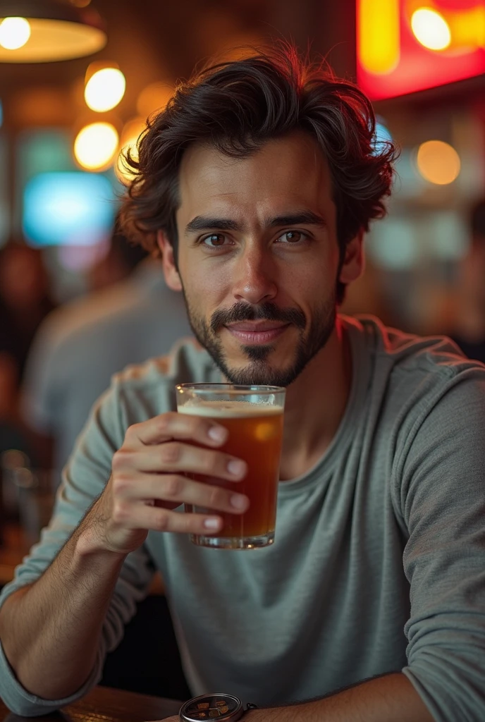 Generates a light brown man, curly hair, with a beard and a few beers with glasses 