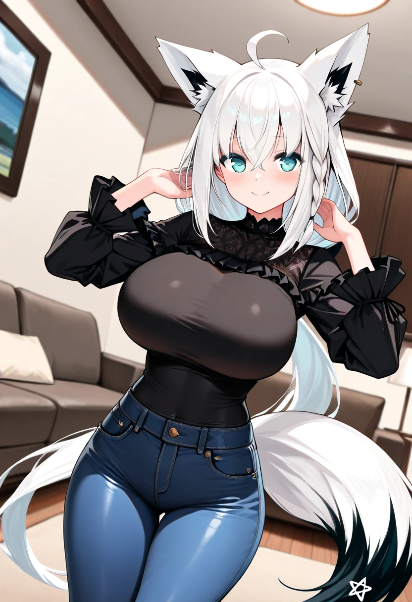 score_9, score_8_up, score_7_up, from_anime, 1girl, animal ears, tail, black shirt, sheer, lace, turtleneck, smile, solo, fennec fox ears, fennec fox tail, breasts, white hair, blush, yellow eyes, long sleeves, animal ear fluff, looking at viewer, fennec fox girl, bangs, closed mouth, hair between eyes, denim, leaning forward, huge breasts, arm support, indoors, jeans, kitchen,