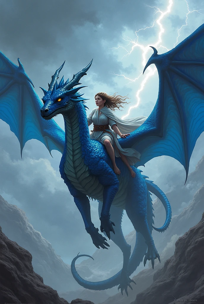 Queen riding on bid giant dragon with superpowers and blue light at background