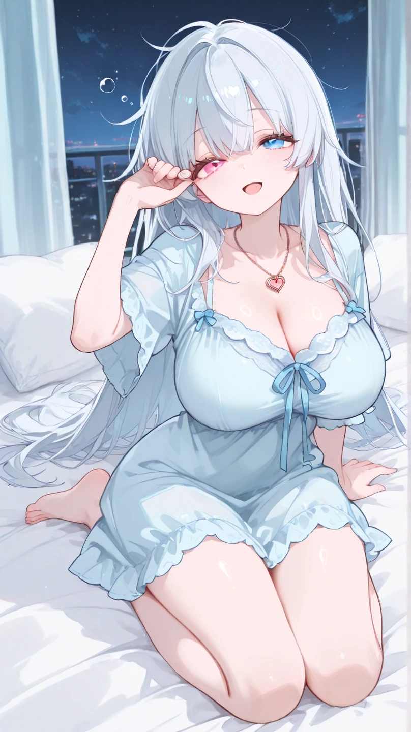 beautiful illustration, best quality, cute girl, bedroom, pastel color, fluffy bunny ears, , silver long hair, rabbit stuffed toy, bright lighting, light pink eyes,big medium breasts,bunny earrings
