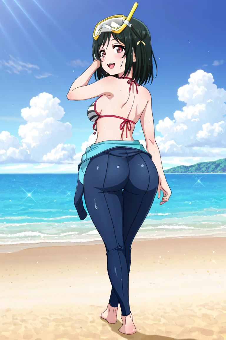 (side view:1.4),  (((on all fours))), perfect eyes, beautiful eyes, soft body long legs, beach, on a beach, masterpiece, best quality, high definition, highly detailed skin, perfect shadows, (rear view:1.4), (back view:1.4), adult face, adult body, aot style, shingeki no kyojin, mikasa ackerman, (1girl, solo:1.3), arm strap, bangs, black hair, breasts, cowboy shot, embers, black eyes, grey background, hair between eyes, harness, looking at viewer, medium breasts, red scarf, scarf, short hair, solo, thigh strap, naked, ((masterpiece)), best quality, pubic hair, bikini, ((white micro bikini:1.4)), no shirt, no pants, no shorts, wet, wet skin, wet micro bikini, perfect butt, high quality butt, (wet micro bikini:1.4), (transparent micro bikini:1.4), big butt, wide hips