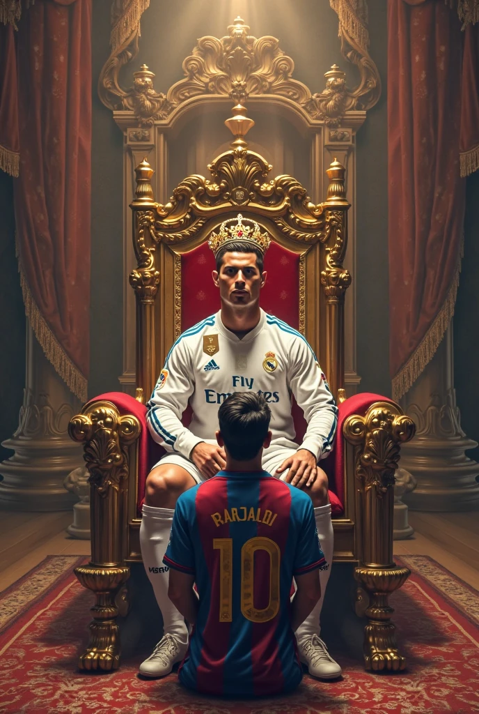Cristiano Ronaldo with a crown and on a throne like a king without the team uniform
, with the title 900 goals, Leave him the number 7... 