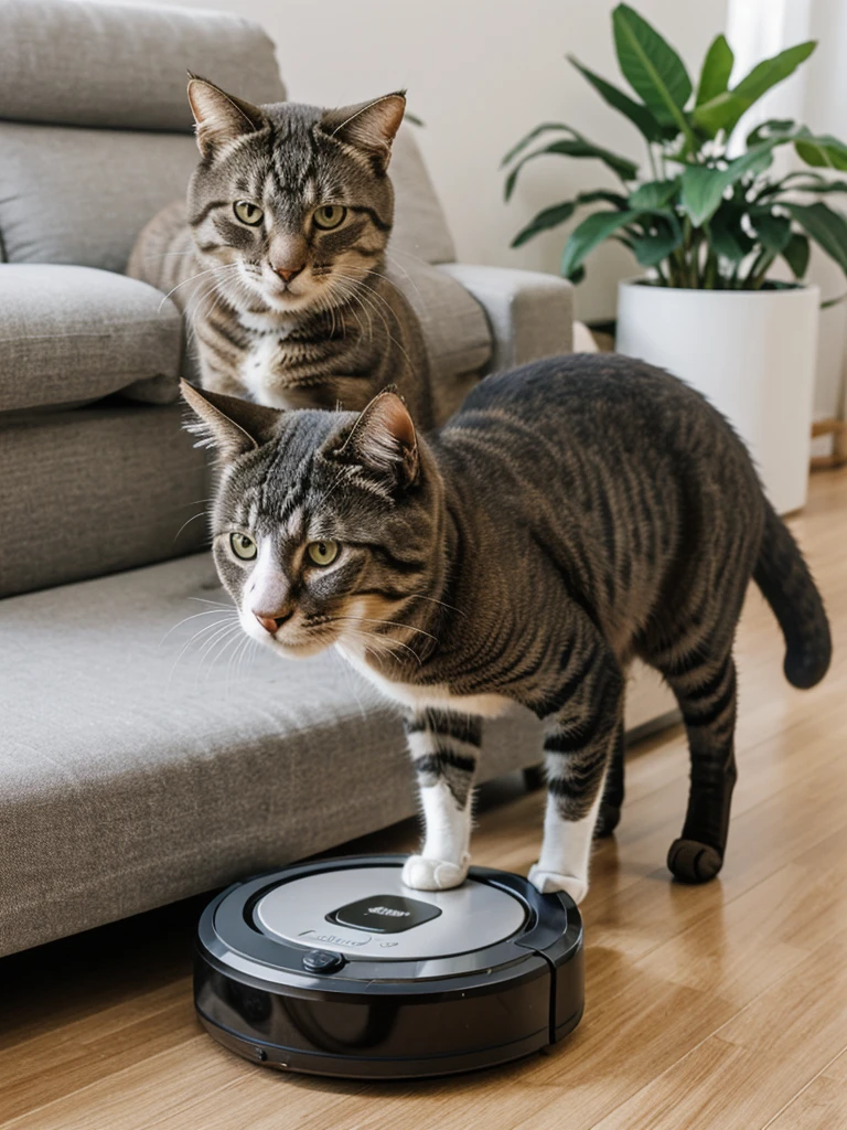 Highest image quality、Living room、A cat rides on top of a robot vacuum and watches the cleaning