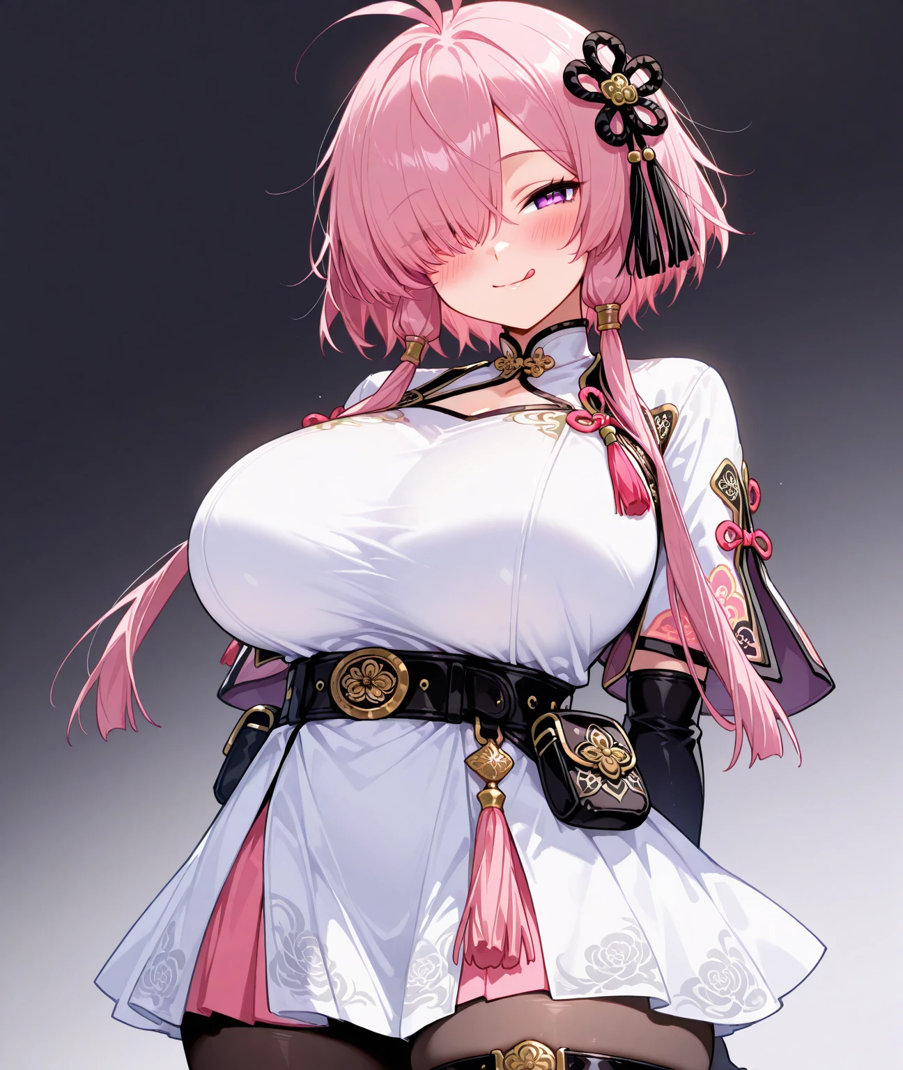 SFW, ((black grey skin Drow)) (kimono), (gigantic breasts, huge breasts, Big breast), firm breasts , tall girl, slim waist, curvy figure, arms behind back, (pink_hair, green_eyes), pigtails