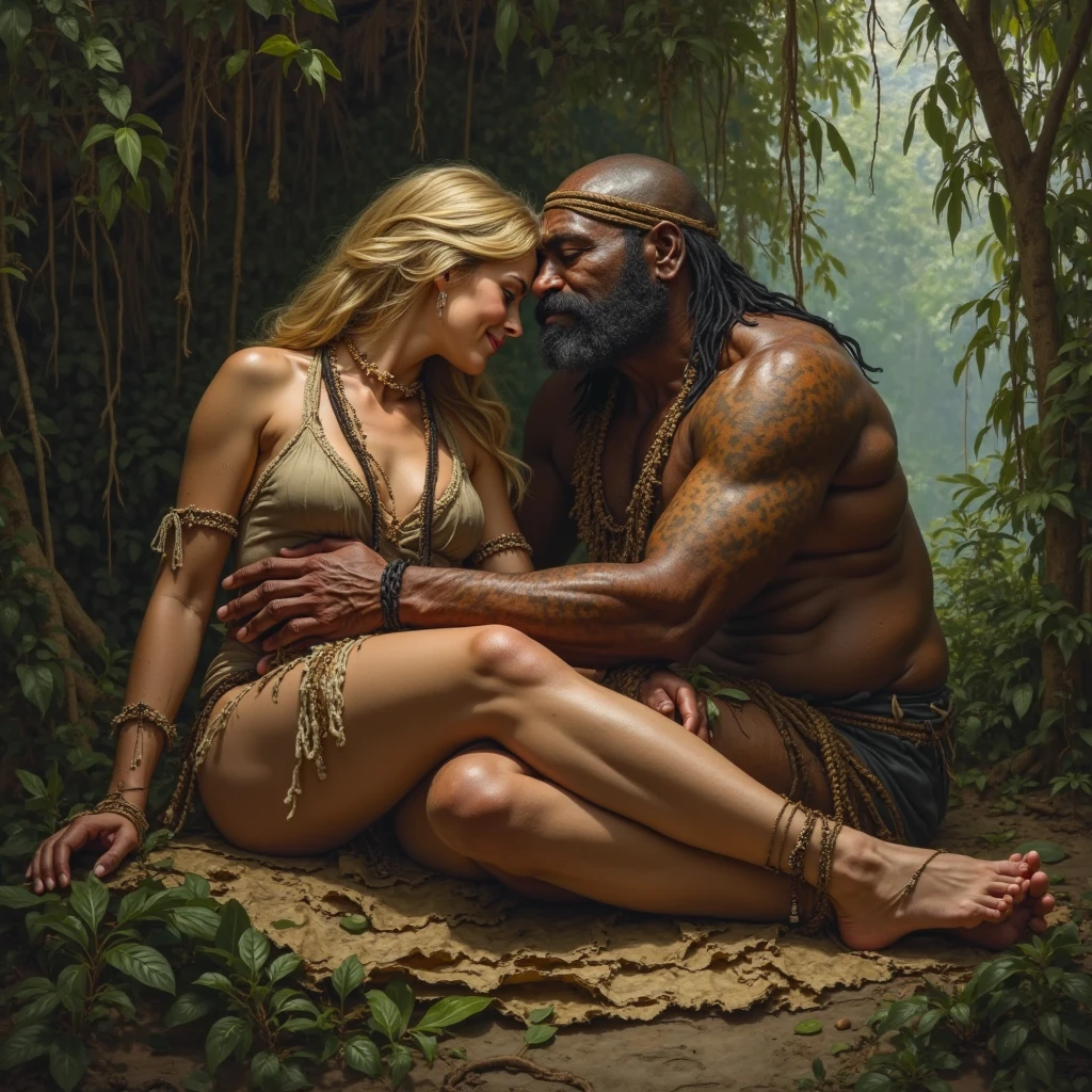 ((highest quality)), ((masterpiece)), (detailed), Perfect Face、((The woman is Yuuki Asuna, a dark-skinned tribal woman with light brown hair, nude, dark-skinned painted skin with indigenous patterns.))、(The woman is with a tribal man and other women in a primitive bedroom in a tribal hut.3To be embraced and caressed by a man as a mistress in a harem of men together with otheren are the lovers of the harem3He is sitting on a large chair, being held by someone, and is embracing a woman, touching and caressing her breasts and crotch.)、Women are naked and wear bone jewelry, tribal earrings, tribal necklaces and tribal accessories.、(The man is a burly black-skinned tribal chief, naked and painted with his huge penis and testicles.)、The man is wearing the luxurious costume and accessories of a tribal chief、Tribal villages