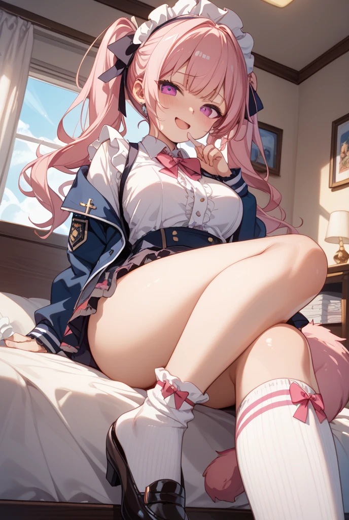 1girl in, Solo, (masutepiece, Best Quality:1.2), Realistic, hyper realisitic, Official, Detailed face, Face Focus, Mature Women, A MILF, chubby, cleavage, Blake Honoka, Pink hair, Hair Ornament,   coverd nippple，Sit down、Spread your legs、(White panties that bite into:1.4)、Show off、(high-school uniform)、(Dark blue pleated skirt)、(Wear black socks)、hotel、On a hotel bed、moody expression、