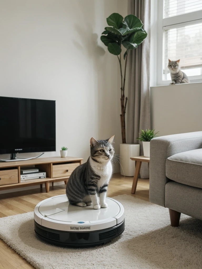 Highest image quality、Living room、A cat rides on top of a robot vacuum and watches the cleaning