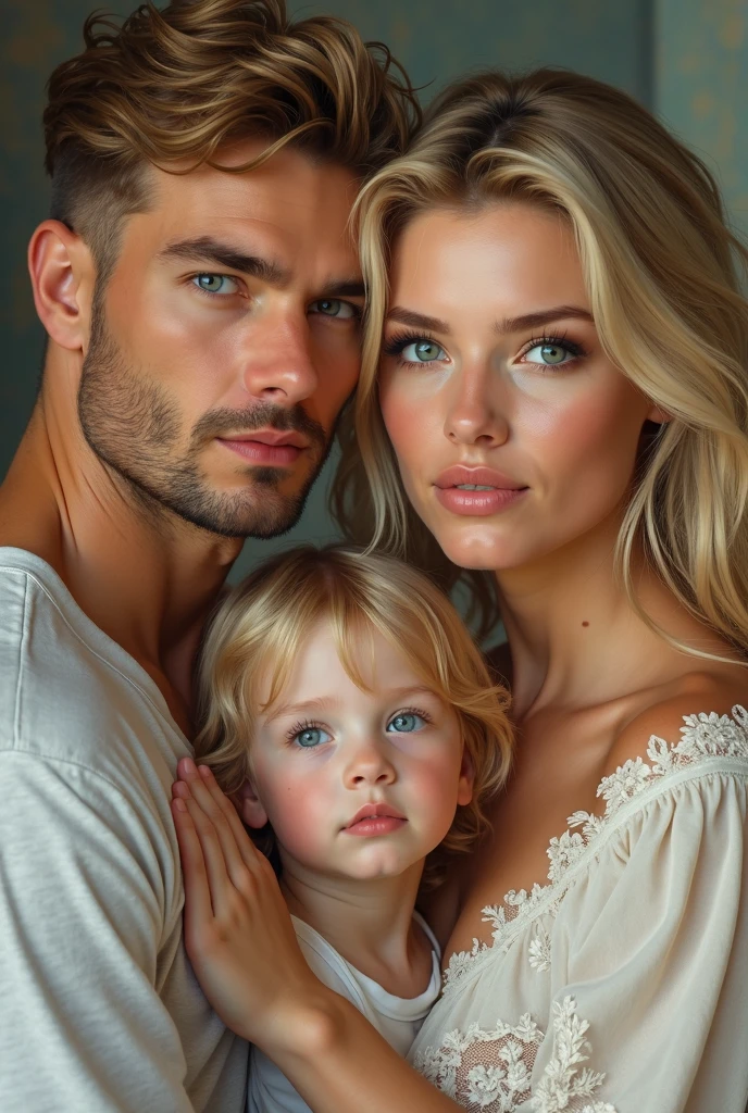 Daemon Targaryen ( with violet eyes and platinum blonde hair), a beautiful young girl ( with platinum blonde hair and purple eyes)  both kneeling and hugging their son, a sweet 9-year-old boy (with platinum blonde hair with golden highlights and violet eyes) 