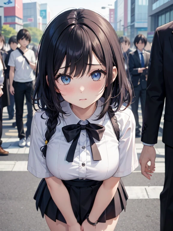 incredibily detailed, absurderes, ultra-highres, ultra detali, best qualityer,
1 girl, standing alone, beautiful hands, perfect hands,
break,
(wearing school uniform),
suprised, gaping mouth, wavy mouth,
cute pose, cowboy shot,
break,
苗条, kawaii, perfect symmetrical face, ultra cute girl, ultra cute face, ultra detailed eyes, ultra detailed hair, ultra cute, ultra beautiful,
from Canon EOS, SIGMA Art Lens 35mm F1.4, Shutter speed ISO 200 2000,
em harajuku, shibuya, Tokyo, Street, crowd, urban landscape,
medium breasts, (neckleace:-1),
break,
(cabelo roxo, blue colored eyes), hair between the eyes
