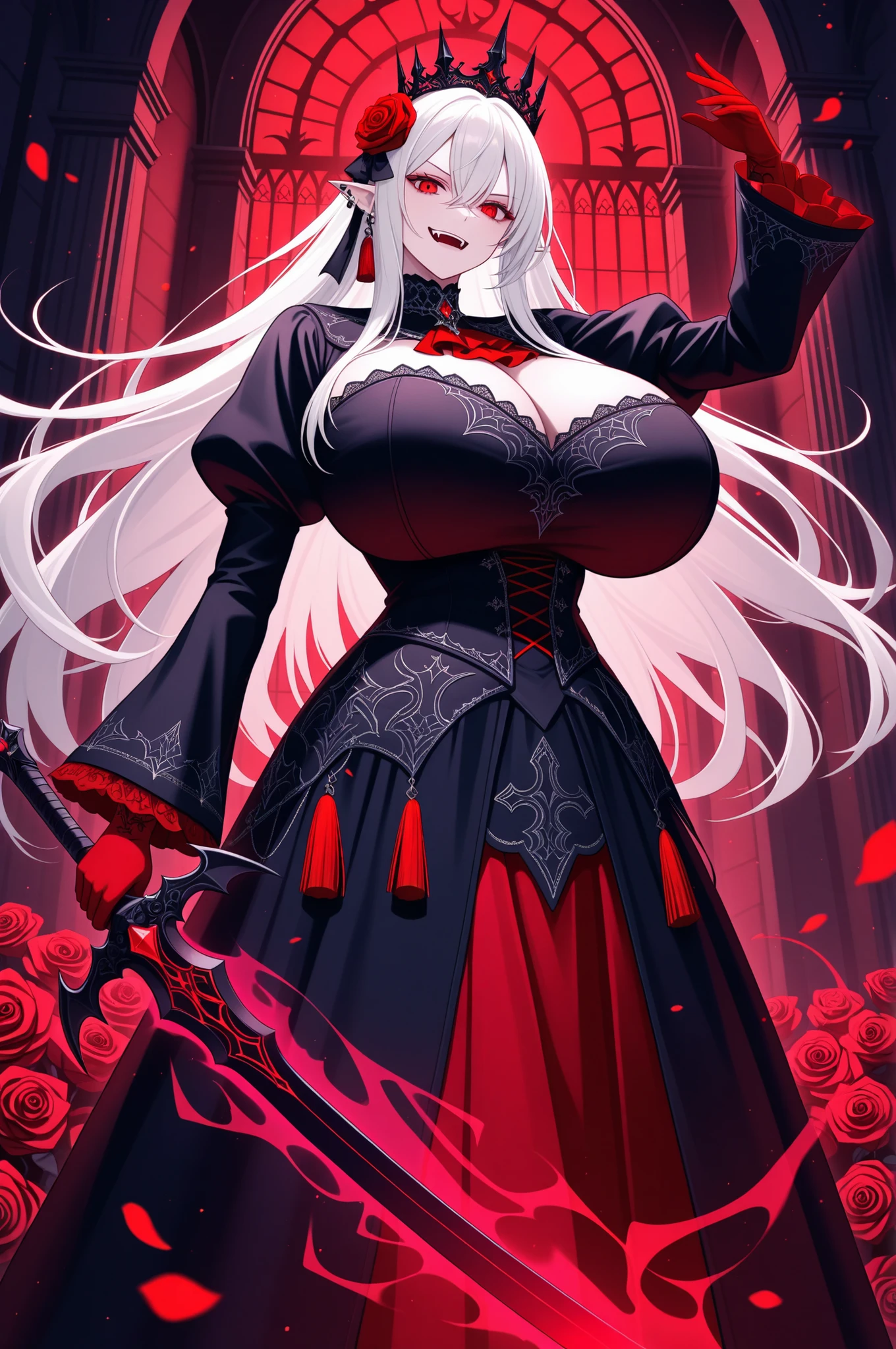masterpiece,best quality,amazing quality,very aesthetic,absurdres,newest,1girl,bangs,vampire fangs,pointed ears,roses,hair between eyes,hair rose,hair ornament,(holding a sword), gigantic breasts,gothic medieval dress,long white hair,long sleeves,looking at viewer, red eyes, red gloves,solo,tassel,vampire,royal crown,dynamic pose, smirk,roses,((dark magic sword)),(((magic aura))), Gothic theme, gothic castle