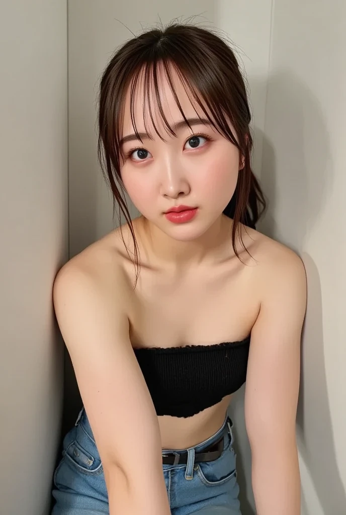 Realistic photos、Focus on the face of a cute idol high school girl、Bikini、Beautiful sitting , M-shaped legs, photograph, medium round breasts, small tits, Earrings, (((Trendy hairstyles)))