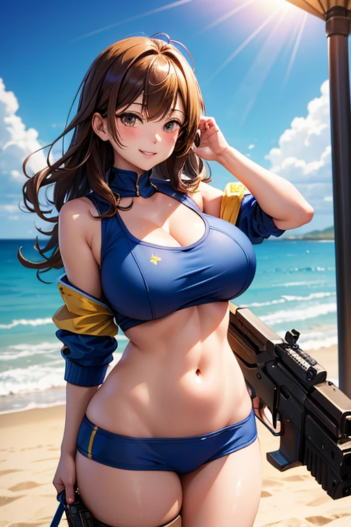 (kanna), realistic, 1girl, solo, twintails, (serafuku, white shirt, pleated skirt, miniskirt, blue jacket, callared shirt, bowtie:1.2), cleavage, navel, (face focus), (o-ring:1.2), jewelry, necklace, belt, golden chain, thighhighs, heart shape, elbow gloves, looking at viewer BREAK masterpiece, best quality, parted lips, beautiful lips, makeup, eyeliner, mascara, glowing skin, mature figure, voluptuous body, shiny skin, oily skin, mature women, gigantic hanging breasts, seaside, beach, blue sky