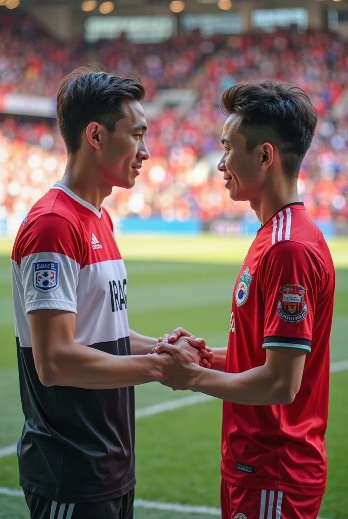 Asian young rugby player A and Asian rugby player B。A has a buzz cut and dark skin、Muscular。Wearing sleeveless rugby uniforms。B has short hair and is a muscular jock。A and B kissed after a rugby match.、Hug each other tightly