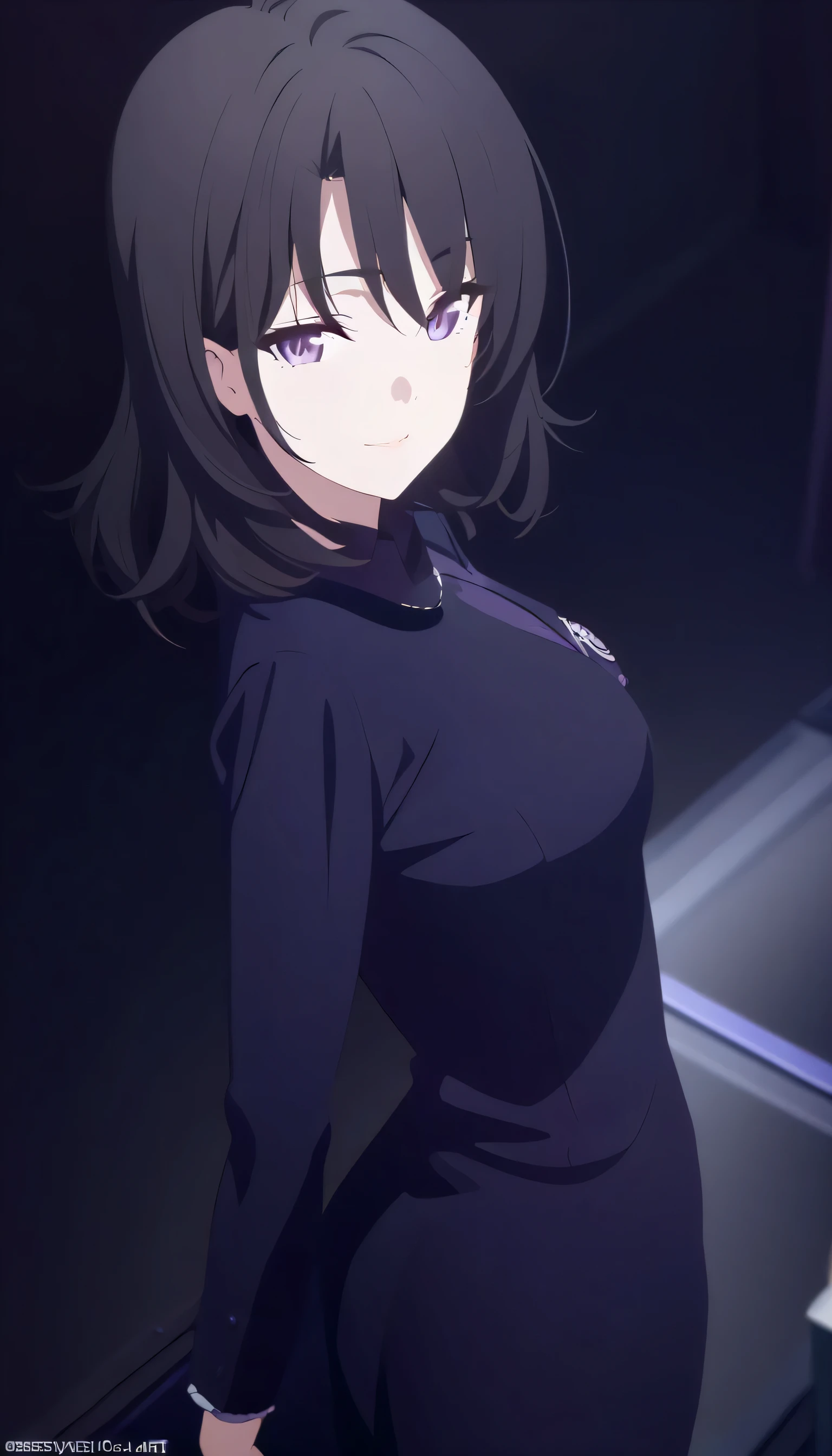 masterpiece, best quality, cg art, solo, 1girl, mature black hair, medium hair, purple eye, small breast, dark purple teacher outfit, standing, looking at viewer, reserved, composed, smile, observing gaze, pitch black background only