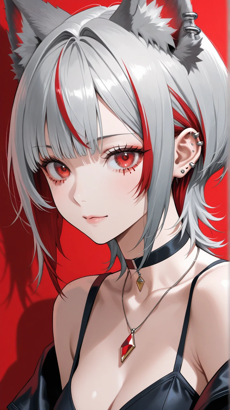 1girl, solo,red theme,looking at viewer,large breasts,portrait,from side,bad-girl,((mature female))