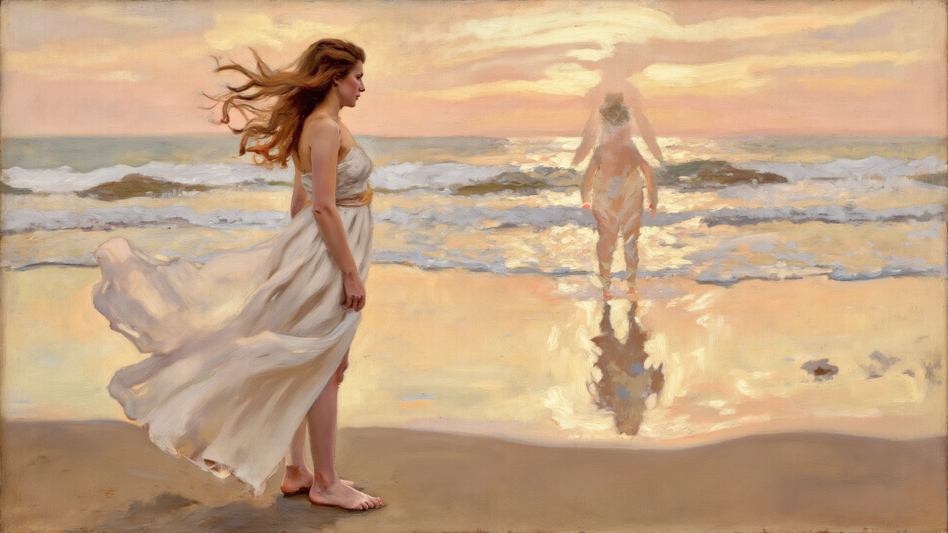 alone in the universe, Paint in watercolor style, Photorealism, discreet golden and ruby and mint shades, (nude) a gentle, modest thin girl of with tender nipples walks barefoot in the distance along the coast