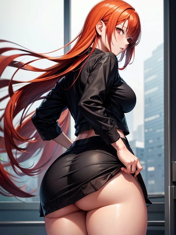 Yae miko , seen from behind , big breastes , unbuttoned office shirt , red bra, rose hair, looks at us , ssmile , hiquality , Sexy anime woman