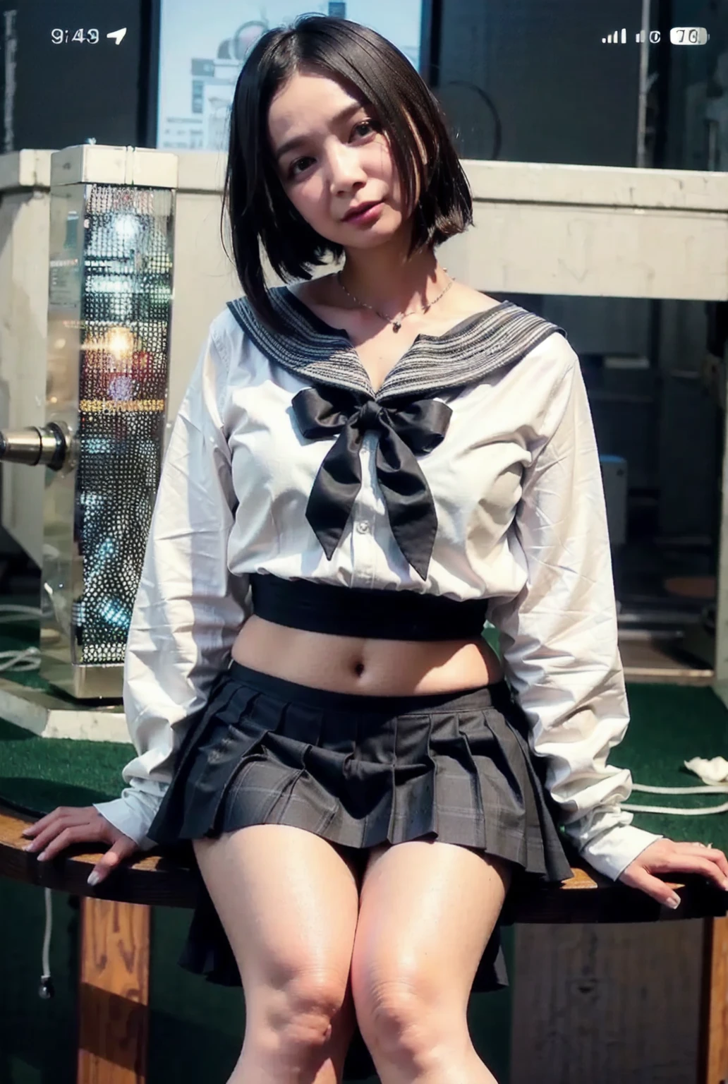 RAW, Best quality, high resolution, masterpiece: 1.3), Tied-up woman bondage neck, (Beautiful young woman)、(Spreading her legs wide)、revealing her pussy, (Wearing a skirt from below)、short wavy hair, revealing her pussy, Peeping at her pussy and taking photos、Flashing, Reddening、Staring at the camera, on the stage table of a nightlife venue, surrounded by many men, dildo in the pussy, ahegao face, tongue out, candid photo journalism, sharp bokeh uhd, gritty realistic, warm dappled lighting, in focus low depth of field, 16mm film quality with grain, pantone analog style, Rim lighting, perfect color tones, (imperfect skin quality), skin blemishes, freckles and skin pores, sharp fine details, Extremely detailed,