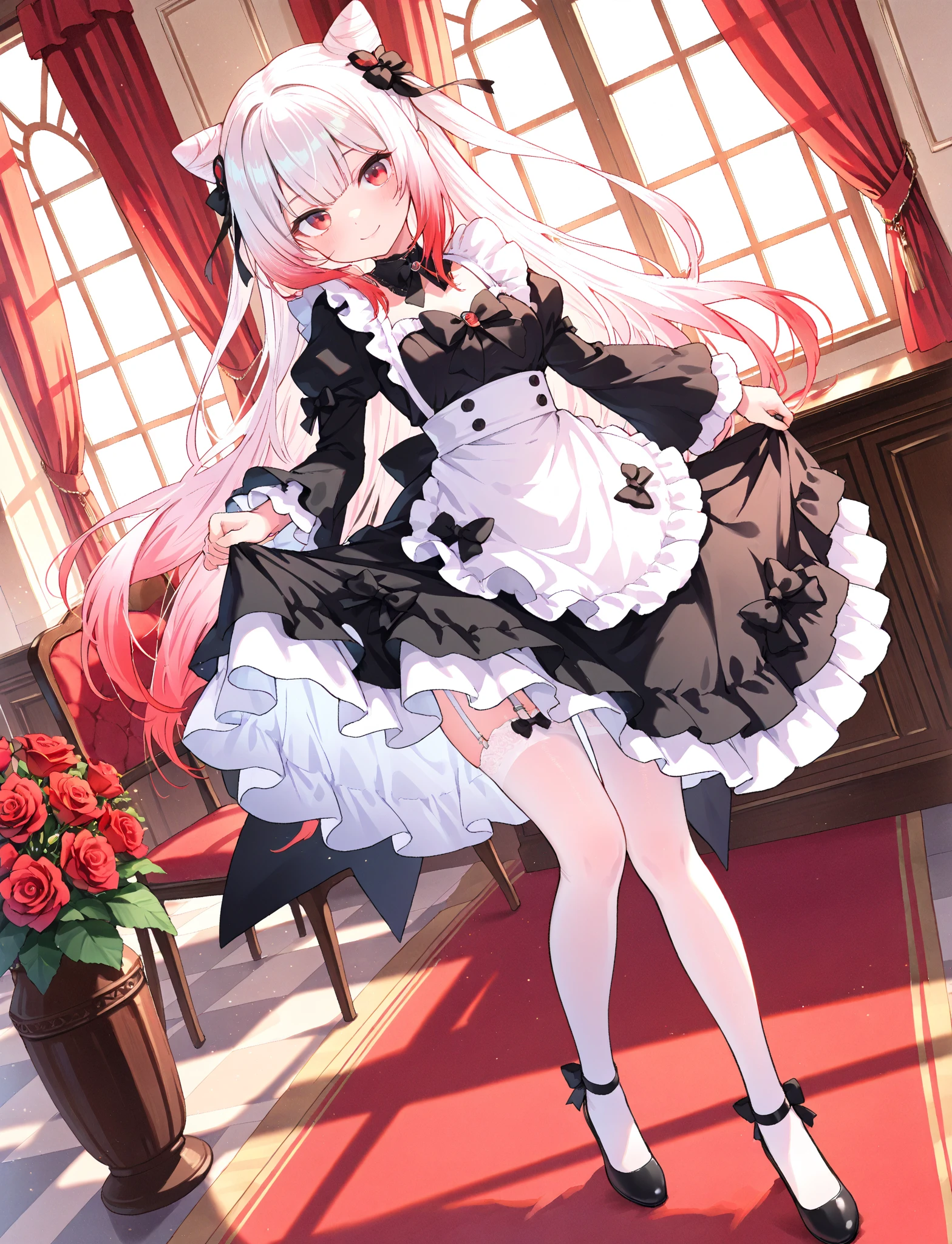 (masterpiece, best quality:1.2), (detailed illustration:1.1), ultra-detailed, cinematic lighting:1.1, Natural Lighting, Dynamic Angle,detailed,8k,(perfect anatomy,beautiful detailed eyes:1.2); (beautiful face,natural face) ; 1girl:1.1, full-body composition ; black and red two-tone hair; elegant gothic black and red dress:1.2, white underskirt:1.1, intricate clothing design:1.2 ; black twin buns with loose strands:1.1, red eyes:1.2, delicate facial features ; standing on rich red carpet:1.1, surrounded by blooming red roses:1.2 _ soft bright light from large arched window:1.1, luxurious red curtains:1.1, ornate archway ; gentle glow cast over scene:1.1, cinematic lighting:1.2, harmonious color palette ; elegant and fantasy-inspired atmosphere:1.1, immersive detail, rich visual texture