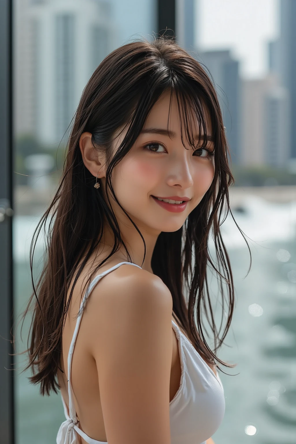 Girls in bikinis on a boat in Venice, Italy, Beautiful Face, Beautiful Eyes, Beautiful Lips, huge , necklace, Cleavage, Long golden hair, Smooth focus, Insane Details, high quality, masterpiece, 8k wallpaper, Ultra-high resolution, Cinematic, Professional Lighting, RAW Photos, smile