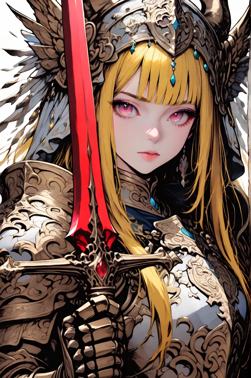 thick outlines, stylized anime-style illustration,  cel-shaded art style, high fantasy, , ,  portrait, inspired by classic JRPG illustrations. simple flat artwork,
1girl, solo, white background, long yellow hair, cyan color knight, decorated armor, fantasy style, white shield, crystal sword, gold edge gauntlets,standing, front , glare at viewer, red sword,stylized anime-style illustration,  cel-shaded art style, high fantasy, fusion of religious and  aesthetics, sense of divine power,