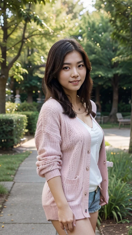 Best Quality, Masterpiece, Beautiful and Aesthetic, 16K, (HDR: 1.4), High Contrast, Bokeh: 1.2, Lens Flare, (Vivid Colors: 1.4),cinematic lighting,depth of field, film lighting, ambient light, side light, exquisite details and textures, cinematic lens, warm tones, (bright and intense: 1.2), wide-angle lens, hyper-realistic, (mideum shot), BREAK 1 girl,Japanese,22 yo,beautifull detailed face,A smile with a little visible teeth,(Slender body:1.5),((Wearing a hoodie)), BREAK pastel tiny tanktop, BREAK (cargo shorts:1.3), ((Have a small handbag)), Beautiful detailed skin,Skin Texture,((fluffy hairstyle)),Black very short  wavy pixie hair over one eye,(cleavage),cheerful pose,day,daylight,outdoor,(braless),Glasses,naval,