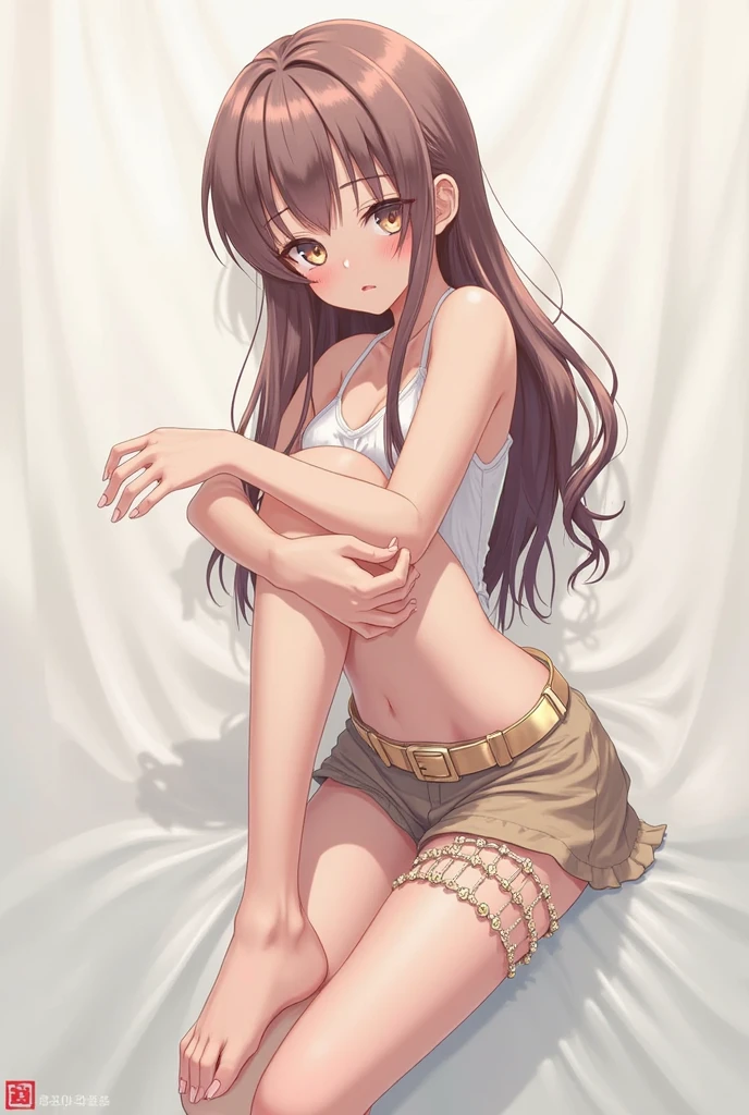 (Masterpiece, Best Quality, HD), (Anna Tanaka), backside, tank top and miniskirt, white slim panties, a girl, nsfw, from below, sweaty, lying face down on the floor