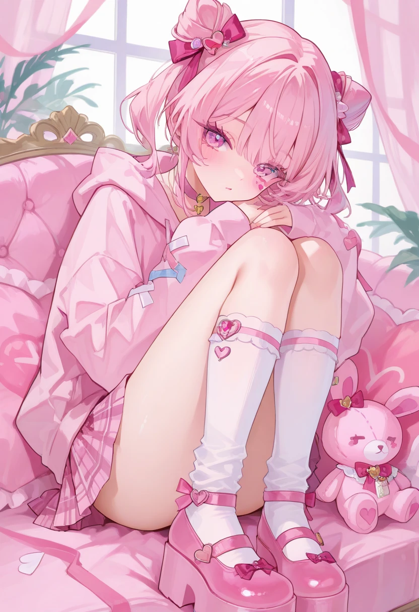 SHE resembles a monkey with pink fur and a tan face. SHE wears a white suit with pink hearts and pink shoes, a white bow-tie with pink polka-dots, and has a pink tail in the shape of a heart. SHE ears have the shape of the number nine within them, and HER right ear has three dots at the bottom. SPARKLE; GLITTER