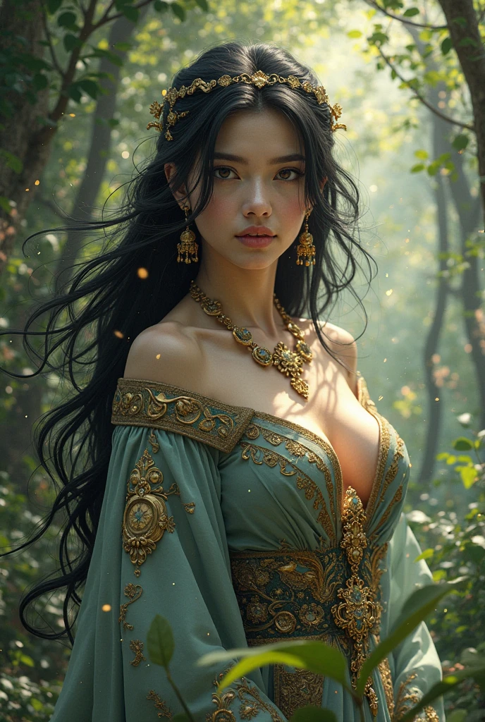 high quality, highly detailed, fantasy, At the forefront of this enchanting scene stands a fantastical holy young persian woman with long black hair in hijab, a harmonious fusion of the whimsical beings imagined by Hieronymus Bosch and the organic fluidity found in Alphonse Mucha's art nouveau lines, This woman becomes a captivating focal point, embodying the essence of surreal enchantment and organic elegance, Adding an otherworldly touch, elements inspired by H.R. Giger's biomechanical aesthetic seamlessly integrate into the cosmic tableau, by yukisakura, awesome full color,akura, highly detailed,