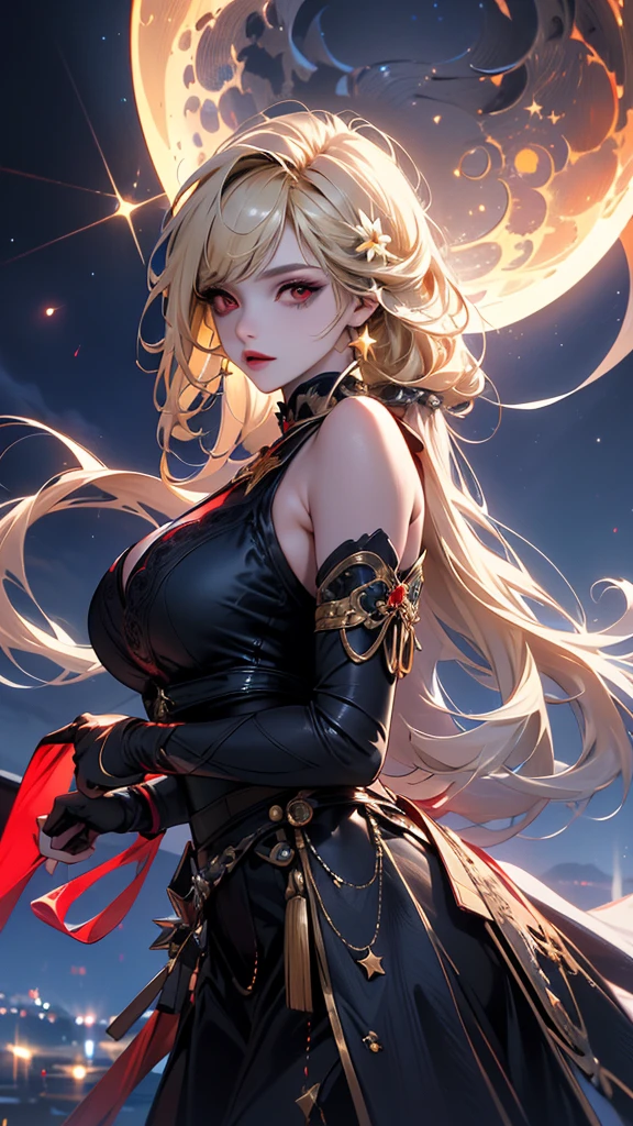 Uma personagem feminina usando capa com cabelos dourado curto, In the midst of the crowd,eclipse,goth clothing, detalhadas, 8k, magnificent art, dramatic scene, Eclipse at the apex of the image, maga, olhos azuis. Gothic armor with gold and black details.