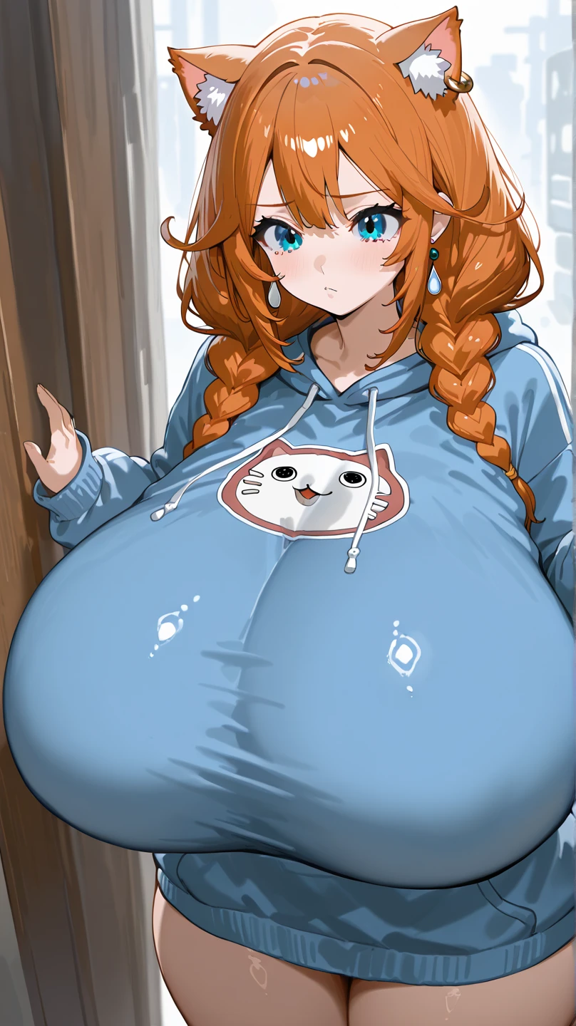 peanut, 1girl, solo,blue eyes, brown hair,multicolored hair, large breasts, smile, orange sweater, single hair bun, long hair,  looking at viewer, breasts, indoors, café, chubby, chubby belly