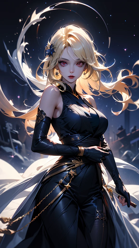 A Zen-Aku style armored knight with hints of dark-golden trimming, stands confidently in the center of a mystical astronomic background with the crescent moon rising, holding it's dark crescent sword like blade, reminiscent of a celestial map and constellations, with thunderous swirling clouds of iridescent red and black. The swordsman's hair is a radiant, snow-white color, styled in a flowing, windswept manner, flowing off his Wolf like designed helmet with a few loose strands, featuring piercing yellow eyes and a resolute expression. The figure is framed by an ornate, dark gold-edged tarot card border, adorned with subtle, cosmic patterns and symbols, with delicate, curling tendrils extending outwards, as if the border itself is coming alive. The overall atmosphere is one of mysticism and ancient wisdom and fiercelessness, with the warrior embodying a sense of powerful, otherworldly dark energy.